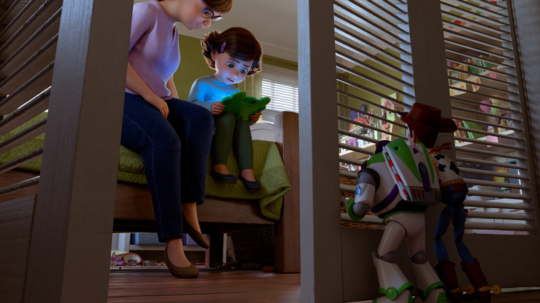 Tim Allen as the voice of Buzz Lightyear and Tom Hanks as the voice of Woody watching Scarlett Spears as Bonnie in her room in Toy Story 5