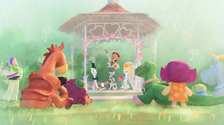 Jessie leads a wedding between Forky and Karen Beverly in  in stylized animation in an imaginary playtime sequence in Toy Story 5