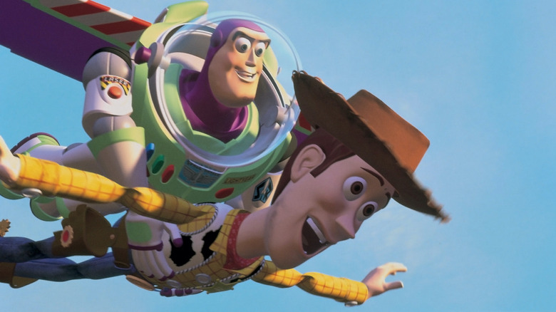 Buzz and Woody flying in Toy Story