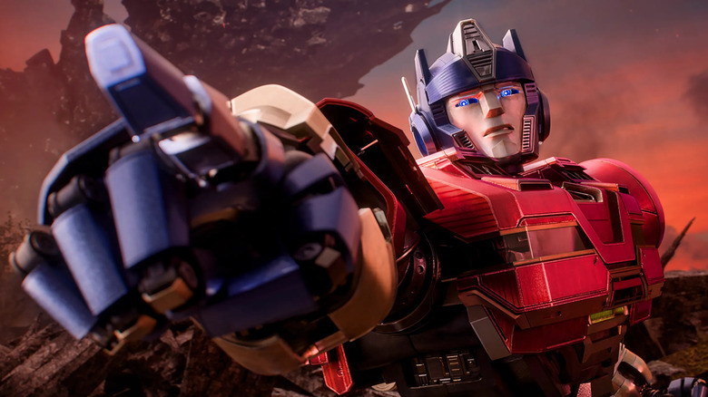 Orion Pax pointing and proclaiming "Transform and roll out!" in Transformers One