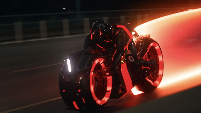 Ares goes for a ride on a real bridge on a real Light Cycle in Tron: Ares