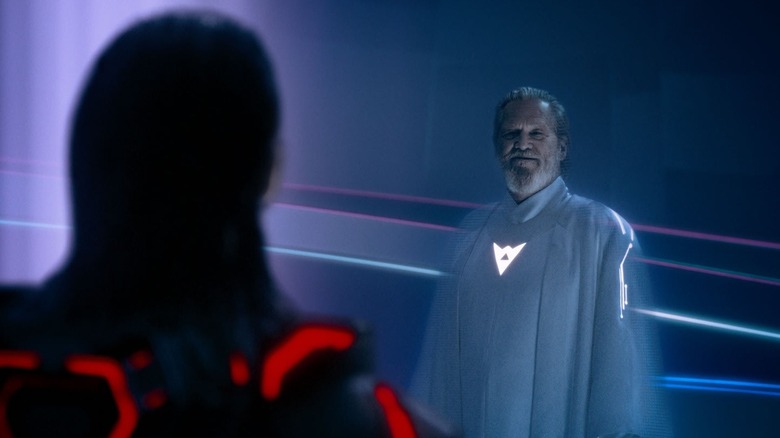Jeff Bridges as Flynn looking at Jared Leto as Ares in Tron: Ares