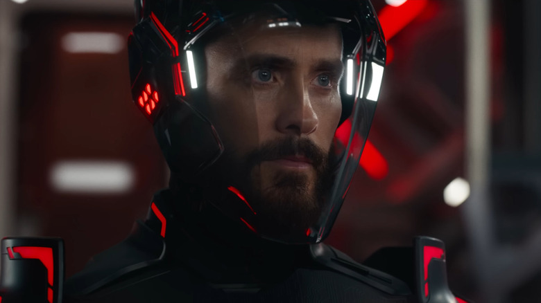Jared Leto as Ares with his helmet on in Tron: Ares