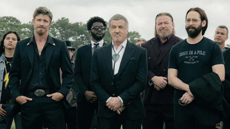 Mitch Keller, Tyson Mitchell, Dwight "The General" Manfredi, Bigfoot, and Bodhi standing together in Tulsa King (2024)