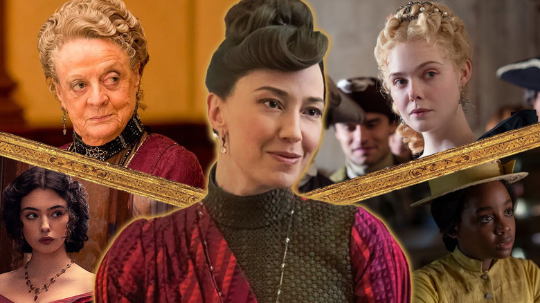 Images from Downton Abbey, The Great, The Leopard, and The Underground Railroad around Carrie Coon in The Gilded Age