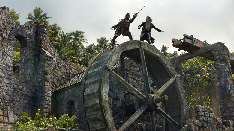 The mill wheel fight in Pirates of the Caribbean: Dead Man's Chest