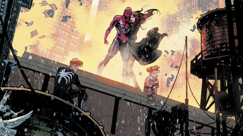 అల్టిమేట్ స్పైడర్ మాన్ #24 ముగింపు పేజీ, పార్కర్ కుటుంబాన్ని చూపుతోంది: రిచర్డ్, పీటర్/స్పైడర్ మాన్, మేరీ జేన్ మరియు మే