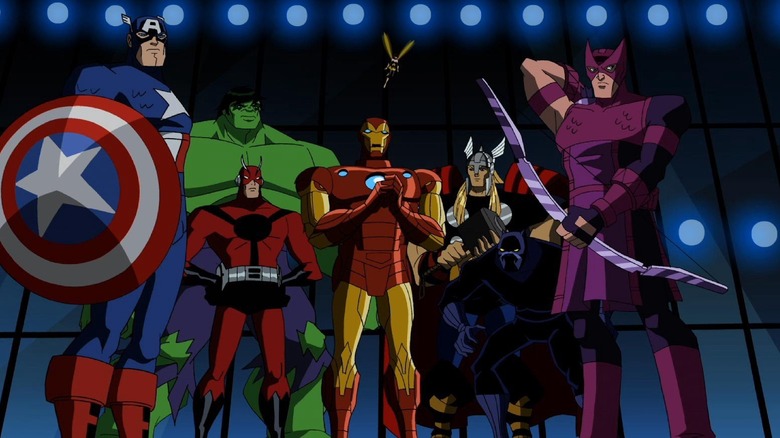 Captain America (Brian Bloom), Hulk (Fred Tatasciore), Giant Man (Wally Wingert), Wasp (Colleen O'Shaughnessey), Iron Man (Eric Loomis), Thor, (Rick D. Wasserman) Black Panther, (James C. Mathis III) and Hawkeye (Chris Cox) in Avengers: Earth's Mightiest Heroes