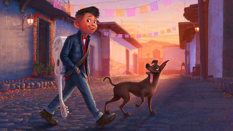 Miguel (Anthony Gonzalez) walks with Diego in concept art for Coco 2