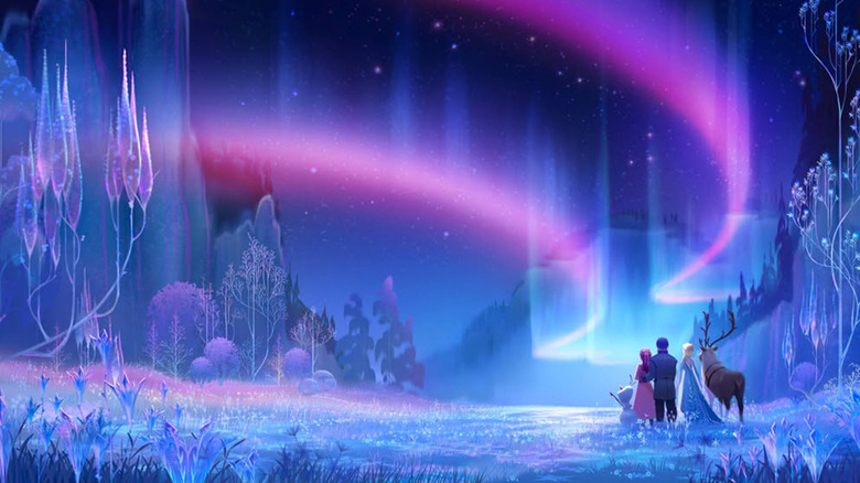 Olaf, Anna, Elsa, Kristoff and Sven stare at a glowing night sky in Frozen 3 concept art