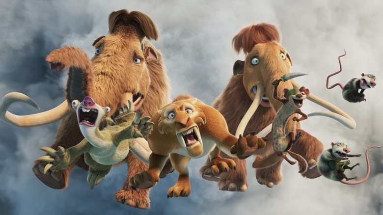 The animal characters of the Ice Age franchise flying through smoky air in Ice Age: Boiling Point
