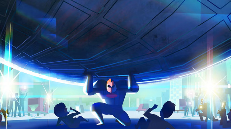 Mr. Incredible holds up a metal sphere in Incredibles 3 concept art