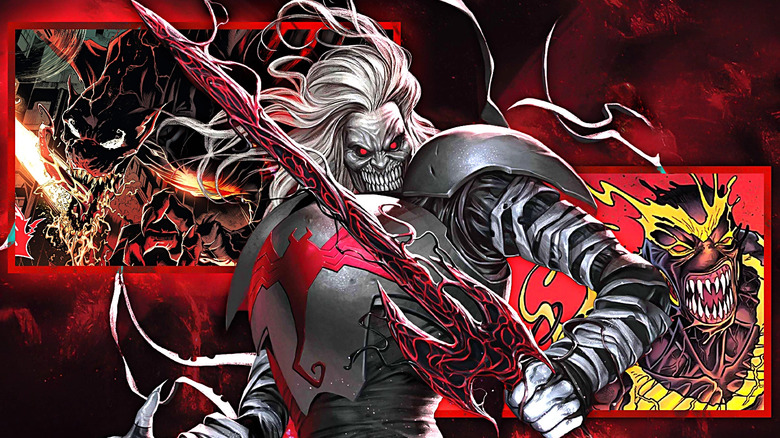 Knull with All Black the Necrosword, edited in front of images of Grendel and Sleeper