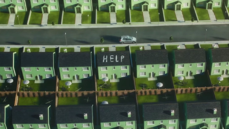 The word 'help' written on rooftop in Vivarium