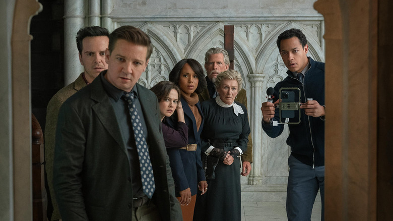 Nat Lee Simone Vera Martha Samson and Cy looking into the crypt confused in Wake Up Dead Man