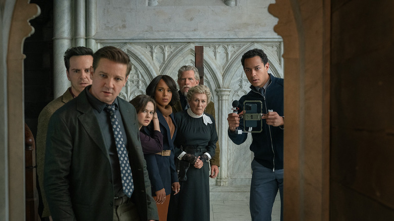 The suspects of Wake Up Dead Man in a church