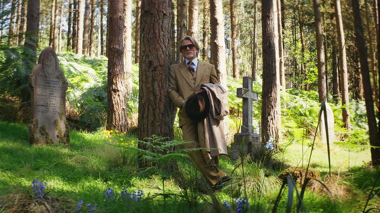Benoit Blanc in a graveyard in Wake Up Dead Man