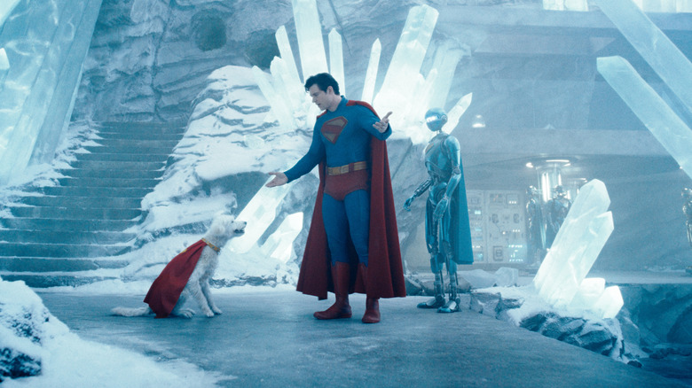 David Corenswet as Superman getting irritated at Krypto in the Fortress of Solitude in Superman (2025)