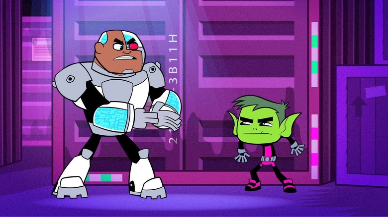 Cyborg and Beast Boy standing in front of a shipping container in Teen Titans Go!