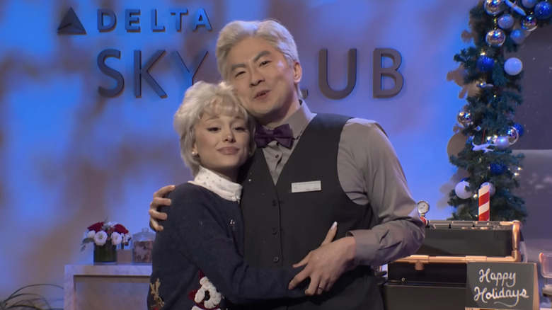 Bowen Yang and Ariana Grande in the Delta Sky Club for a sketch on SNL