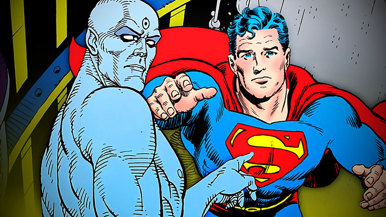 Composite image of Dr. Manhattan in Watchmen and Superman: Whatever Happened to the Man of Tomorrow cover showing Superman flying away with a frown on his face