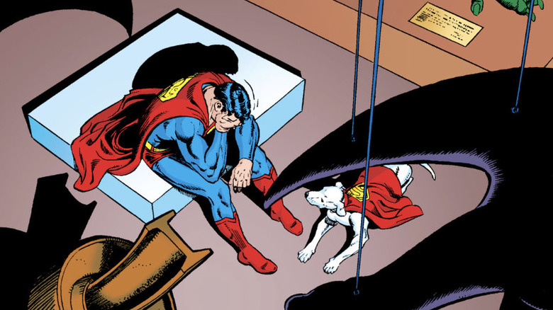 Superman: Whatever Happened to the Man of Tomorrow Superman crying in the Fortress of Solitude with Krypto