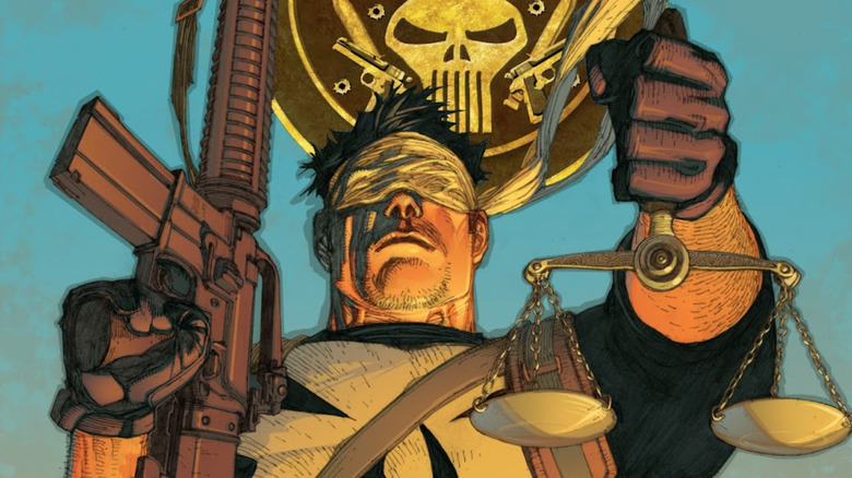 The Trial of the Punisher #1 cover - Punisher holding rifle and scales of justice, blindfolded