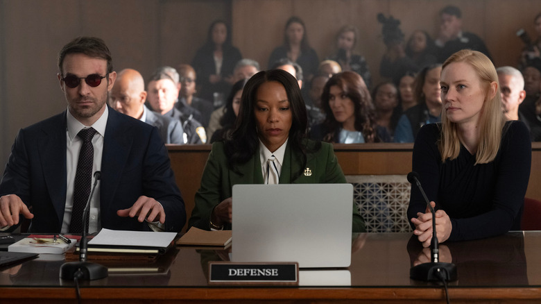 Daredevil: Born Again - Matt Murdock in court with Karen Page and Nikki M. James