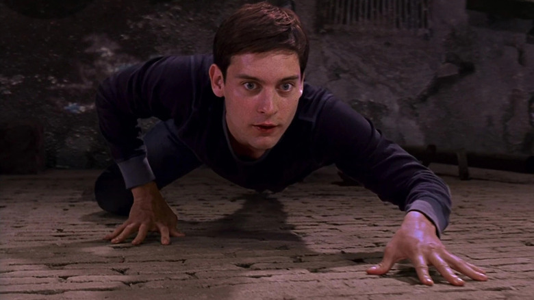 Peter Parker (Tobey Maguire) crawling in "Spider-Man."
