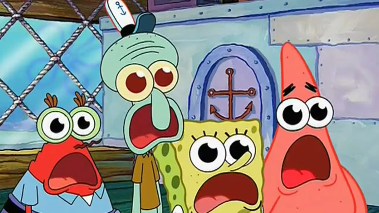SpongeBob, Mr. Krabs, Patrick and Squidward breathing like fish to mock Sandy in SpongeBob SquarePants