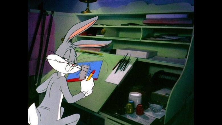 Bugs Bunny with a witty smirk drawing Daffy Duck in Duck Amuck
