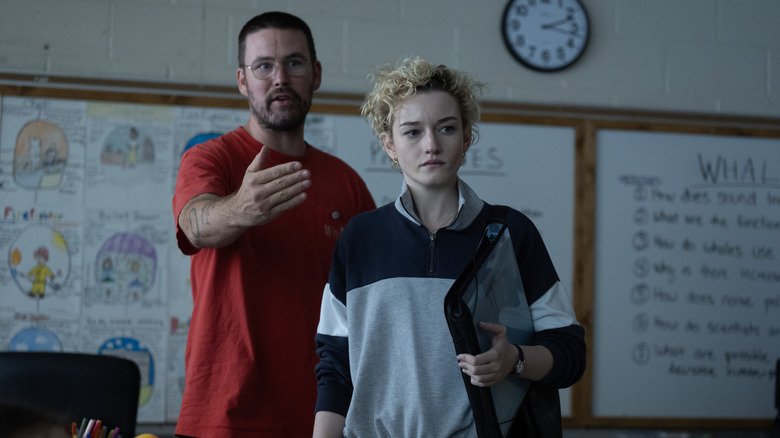 Zach Cregger directing Julia Garner in a classroom set for the film Weapons