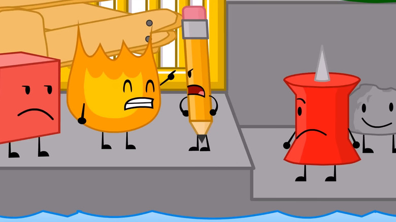 Cube, Firey, Pencil, Pin and Rocky argue in Battle for Dream Island