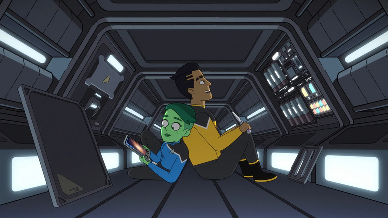 Ensigns Tendi and Rutherford in a Jefferies tube on Star Trek: Lower Decks