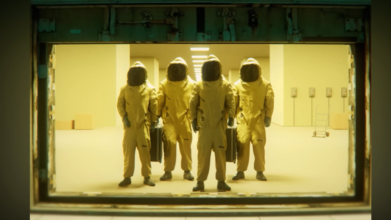 Four people in hazmat suits emerging from an open door in the Backrooms - Report YouTube video