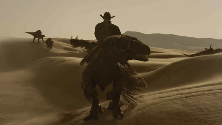 A cowboy riding a raptor in Dinosaurs of the Wild West
