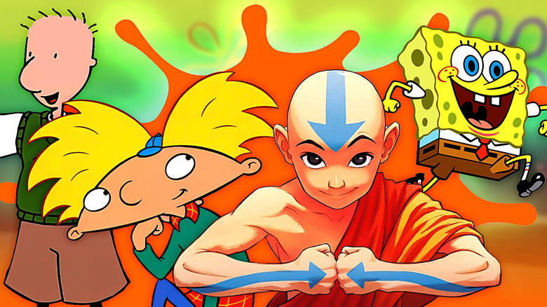 Nickelodeon collage image: Doug from Doug, Arnold from Hey Arnold!, Aang from Avatar: The Last Airbender, and Spongebob from Spongebob Squarepants