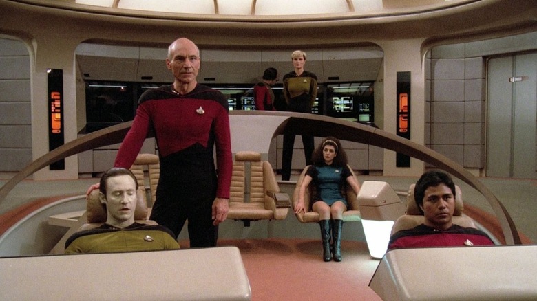 A wide shot of the bridge of the USS Enterprise in Star Trek: The Next Generation