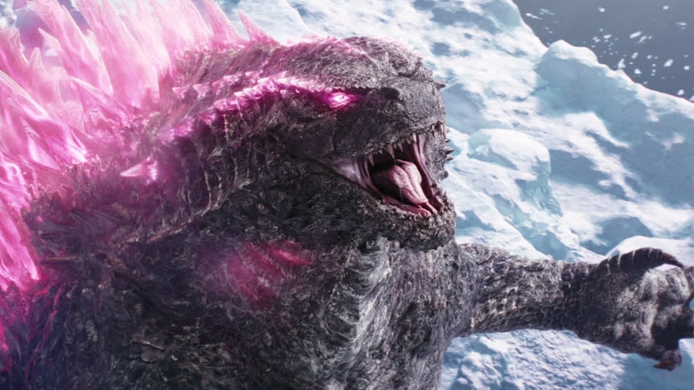 Pink Godzilla roaring above the ice in Godzilla x Kong: The New Empire