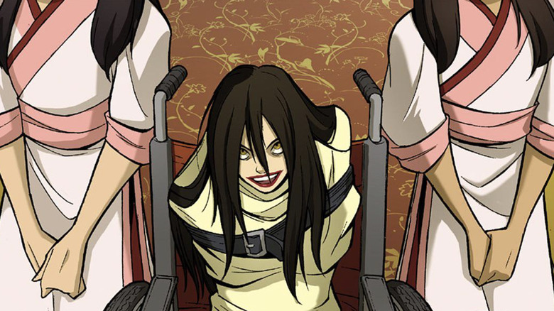 Azula in a straitjacket and wheelchair in the comic book Avatar: The Last Airbender -- The Promise