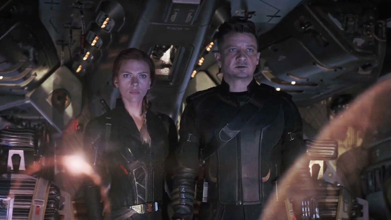 Scarlett Johansson's Natasha Romanoff/Black Widow stands beside Jeremy Renner's Clint Barton/Hawkeye on a spaceship in Avengers Endgame