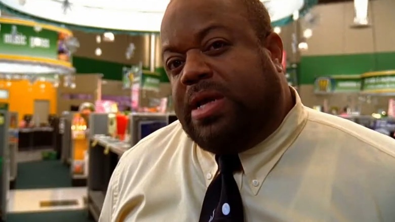 A closeup of Mark Christopher Lawrence as Big Mike on Chuck, in the Buy More