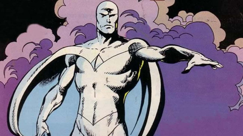 White Vision standing with his arm outstretched on a Marvel Comics page