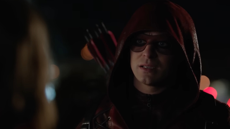 Colton Haynes as Arsenal, talking to someone while in costume in Arrow