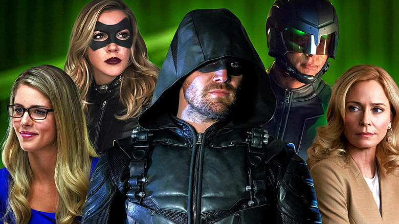 Images of Emily Bett Rickards, Black Canary, Green Arrow, Spartan, and Moira Queen edited together