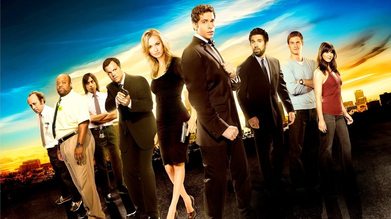 The cast of Chuck (L-R: Scott Krinsky, Mark Christopher Lawrence, Vik Sahay, Adam Baldwin, Yvonne Strahovski, Zachary Levi, Joshua Gomez, Ryan McPartlin, and Sarah Lancaster