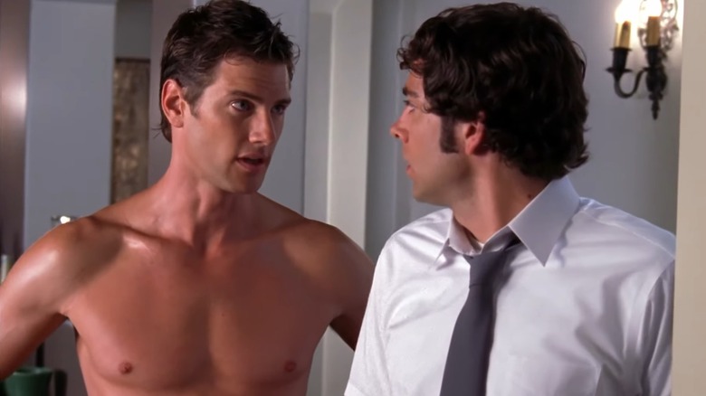 A shirtless Ryan McPartlin as Devon aka Captain Awesome on Chuck, talking to Chuck
