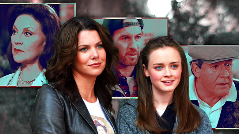 Photo collage of Emily, Lorelai, Rory, Luke, and Richard from "Gilmore Girls"