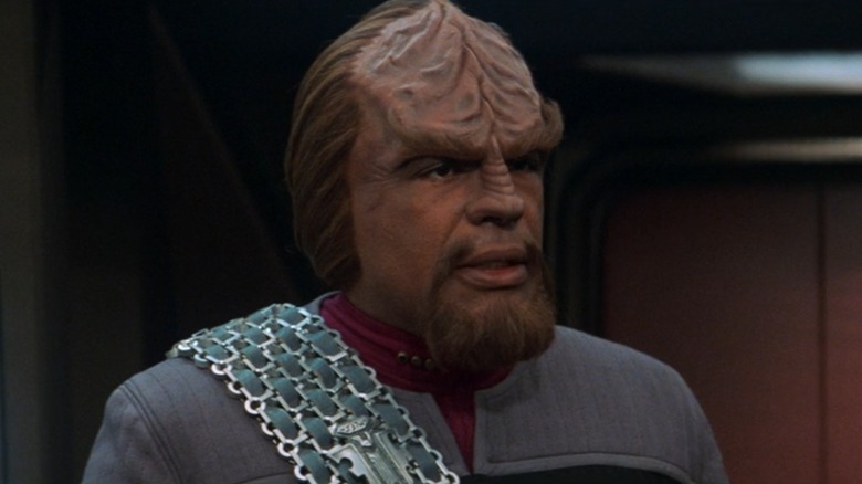 Michael Dorn as Worf in Star Trek: Nemesis, looking right and talking
