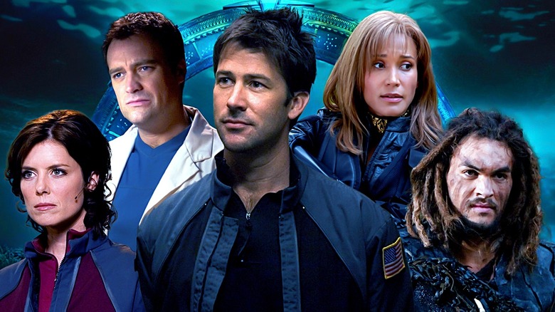 Torri Higginson as Elizabeth Weir, David Hewlett as Rodney McKay, Joe Flanigan as John Sheppard, Rachel Luttrell as Teyla Emmagan, and Jason Momoa as Ronon Dex in Stargate Atlantis